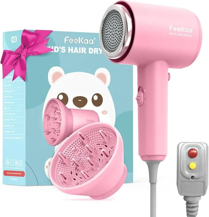 Feekaa Kids Hair Dryer, Portable Mini Blow Dryer with Diffuser, Quiet Small Hair Dryer for Children, Compact Kids Hairdryer with DIY Stickers Lightweight, Boy & Girl Birthday Gift, Pink