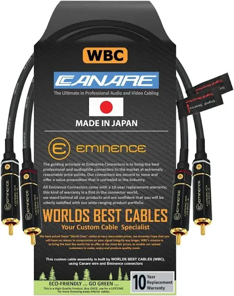 WORLDS BEST CABLES 3.5 Foot RCA Cable Pair - Canare L-4E6S, Star Quad, Audio Interconnect Cable with Premium Gold Plated Locking RCA Connectors - Directional - Custom Made