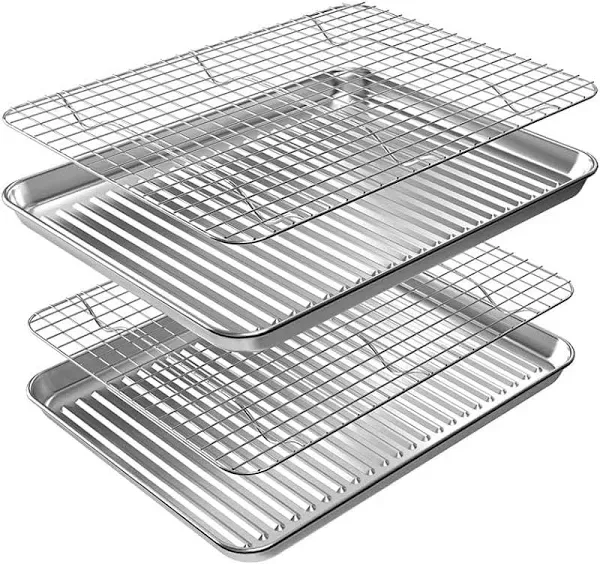 ROTTAY Quarter Baking Sheet Pan with Wire Rack Set [2 Pans + 2 Racks], Stainless Steel Cookie Sheet for Oven, Warp Resistant & Heavy Duty & Rust Free, Size 12 x 10 x 1 Inches