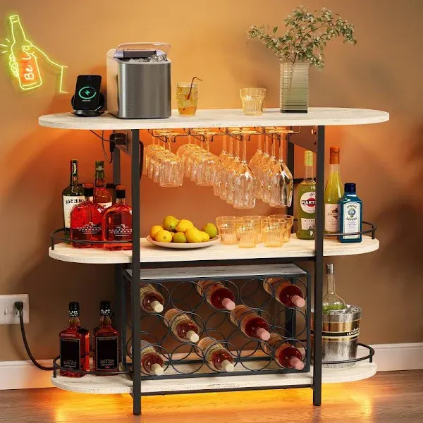 VASAGLE Bar Cabinets for Home, LED Coffee Bar with Power Outlets, Home Mini Bar for Liquor, Freestanding Wine Rack with Glass Holder, Kitchen, Dining Room, Rustic White ULWR007W01