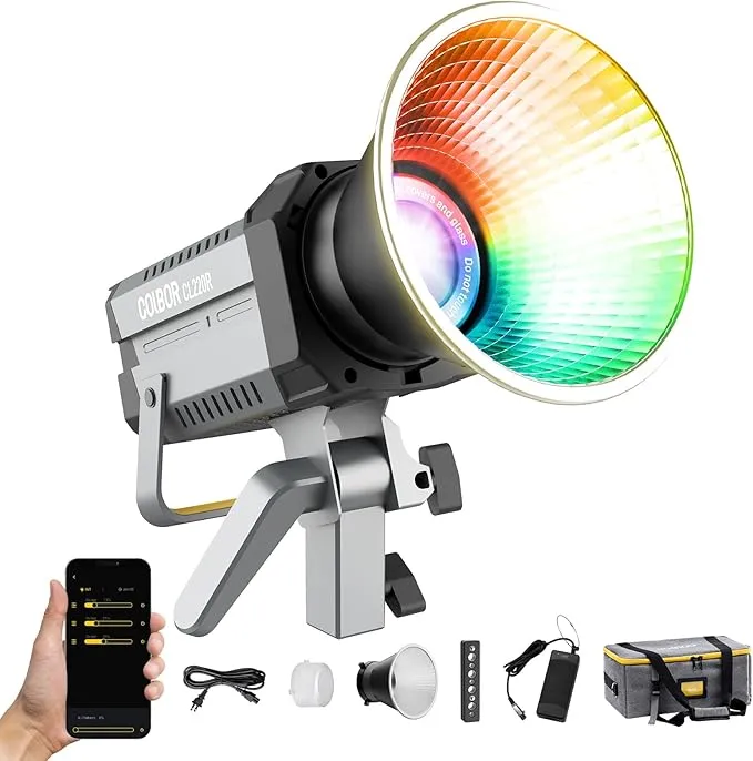 Video Light, COLBOR CL220R RGB 250W Max Continuous Lighting 2700-6500K CRI97+ 31,400Lux@3.3ft COB Studio Light with Bowens Mount APP 13 Light Effects for Film Live, Video-Light-Studio-LED-Photography