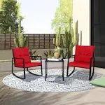 Suncrown Outdoor Patio 3-Piece Rocking Black Wicker Bistro Set - Red