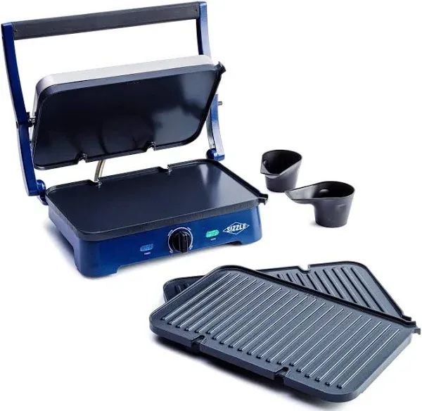 Blue Diamond Electric Contact Griddle, Healthy Ceramic Nonstick, PFAS & PFOA-Free, Open Flat Design, Metal Utensil Safe, Drip Tray, Dishwasher Safe Removable Plates, Adjustable Temperature, Blue