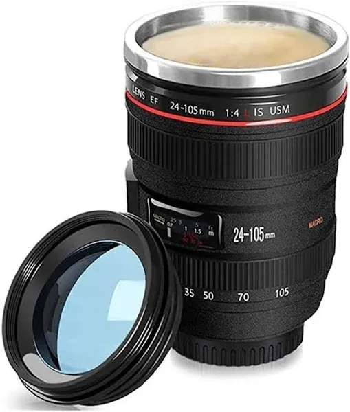 Camera Lens Coffee Mug, Cameras Lens Mug, Travel Coffee Photographers Mugs Stainless Steel Len Mug Interesting Custom Gifts for Women/Men (Black)