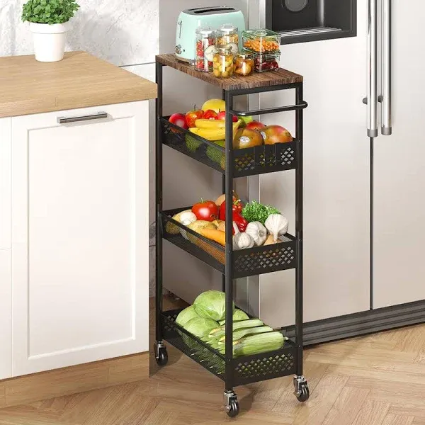 17 Stories Slim Storage Cart 4 Tier Kitchen Rolling Cart On Wheels Mobile Narrow Cart With Wooden Tabletop Slide Out Utility Cart For Bathroom Laundry Narrow