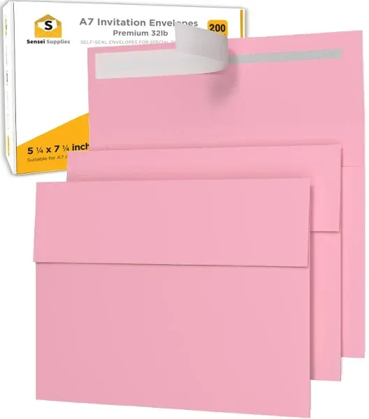 200 5x7 Pink Invitation Envelopes - For 5x7 Cards - A7 - (5 ¼ x 7 ¼ inches) - Perfect for Weddings, Graduation, Baby Shower - 120 GSM - Peel, Press & Self Seal - Square Flap