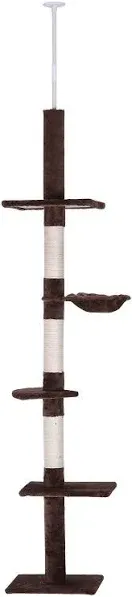 PawHut 8.5&#39; Adjustable Height Floor-To-Ceiling Vertical Cat Tree, Brown and White