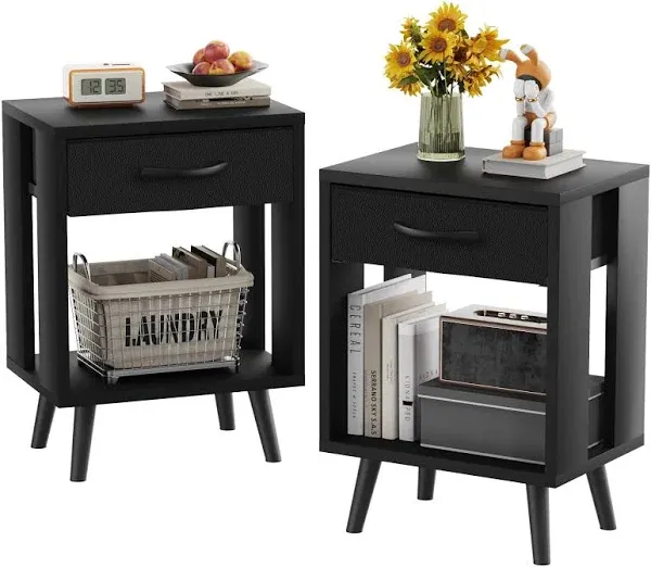 Nightstands Set of 2 with Fabric Storage Drawer and Open Wood Shelf, Side Table with Storage for Bedroom, Night Stand with Drawer for Bedroom, Bedside Tables - Black 24" H