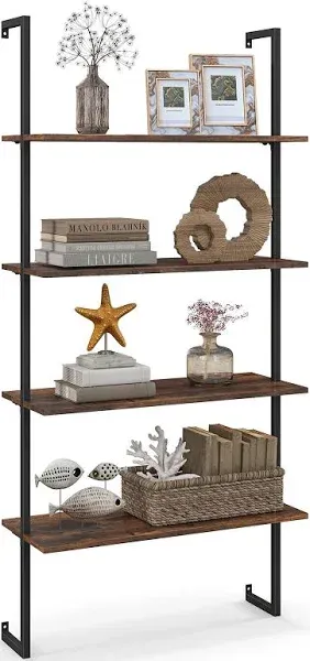 Costway 4-Tier Ladder Shelf Bookshelf Industrial Wall Shelf w/Metal Frame Rustic