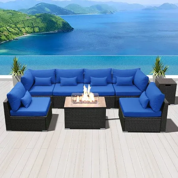 Dineli Patio Furniture Sectional Sofa with Gas Fire Pit Table Outdoor Patio Furniture Sets Propane Fire Pit (Royal Blue-Rectangular Table)