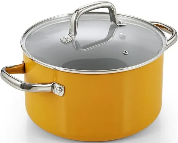 Cook N Home Non Stick Stock Pot with Lid, 6-Quart Hard Anodized Ceramic Nonstick Gumbo Pasta Pot, Induction Cookware Stockpot for Cooking, Canning, Sauce, Ollas para Cocina, Yellow