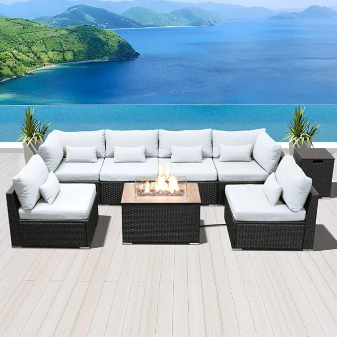 Dineli Patio Furniture Sectional Sofa with Gas Fire Pit Table Outdoor Patio Furniture Sets Propane Fire Pit (red-Rectangular Table)