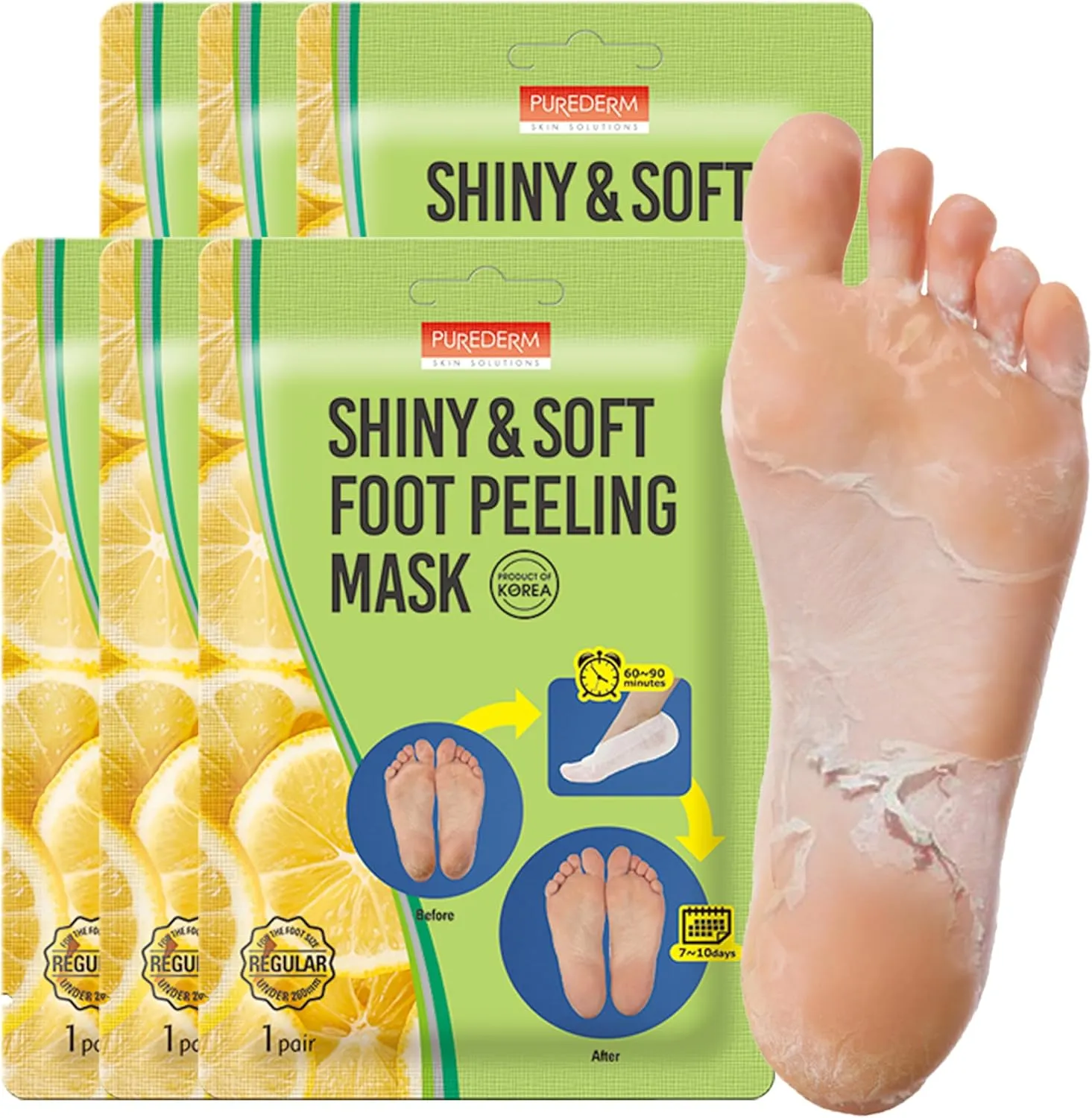 Purederm Shiny & Soft Foot Peeling Mask (6 pack) - For smooth and moist baby skin with Exfoliating peel off Calluses, Dry Skin, Cracked Heels - Men and Women