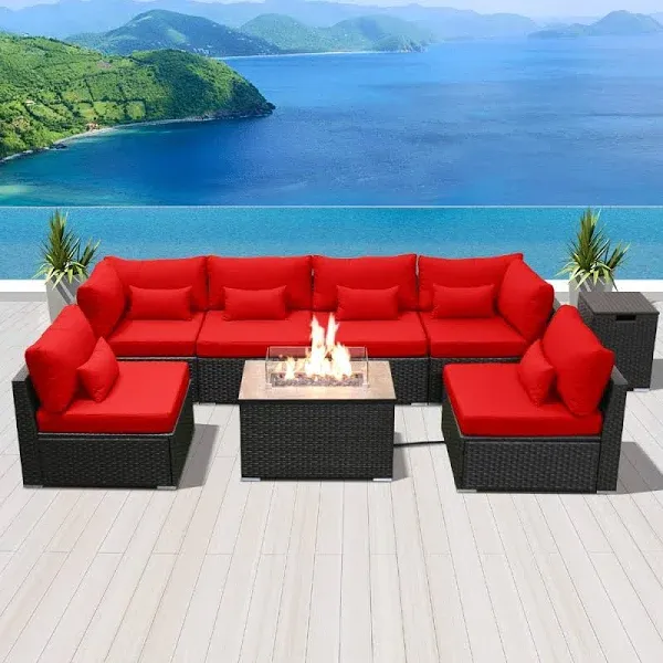 Dineli Patio Furniture Sectional Sofa with Gas Fire Pit Table Outdoor Patio Furniture Sets Propane Fire Pit (red-Rectangular Table)