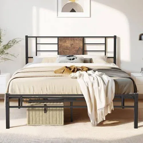  Size Bed Frame with Headboard, Heavy-Duty Full Black Platform Bed Frame