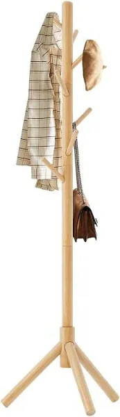 Haddockway Wooden Coat Rack Stand with 8 Hooks New Zealand Pine 3 Adjustable Coat Standing Tree Easy Assembly for Coats, Hats, Scarves and Handbags