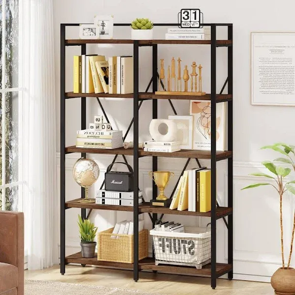 Industrial 5 Tier Rustic Wood Etagere Bookcase