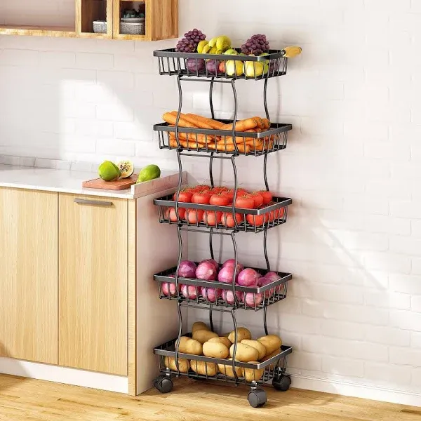 SAYZH 5 Tier Fruit Basket for Kitchen, Stackable Fruit and Vegetable Wire Basket with Wheels for Banana Onions and Potatoes Storage and Organization