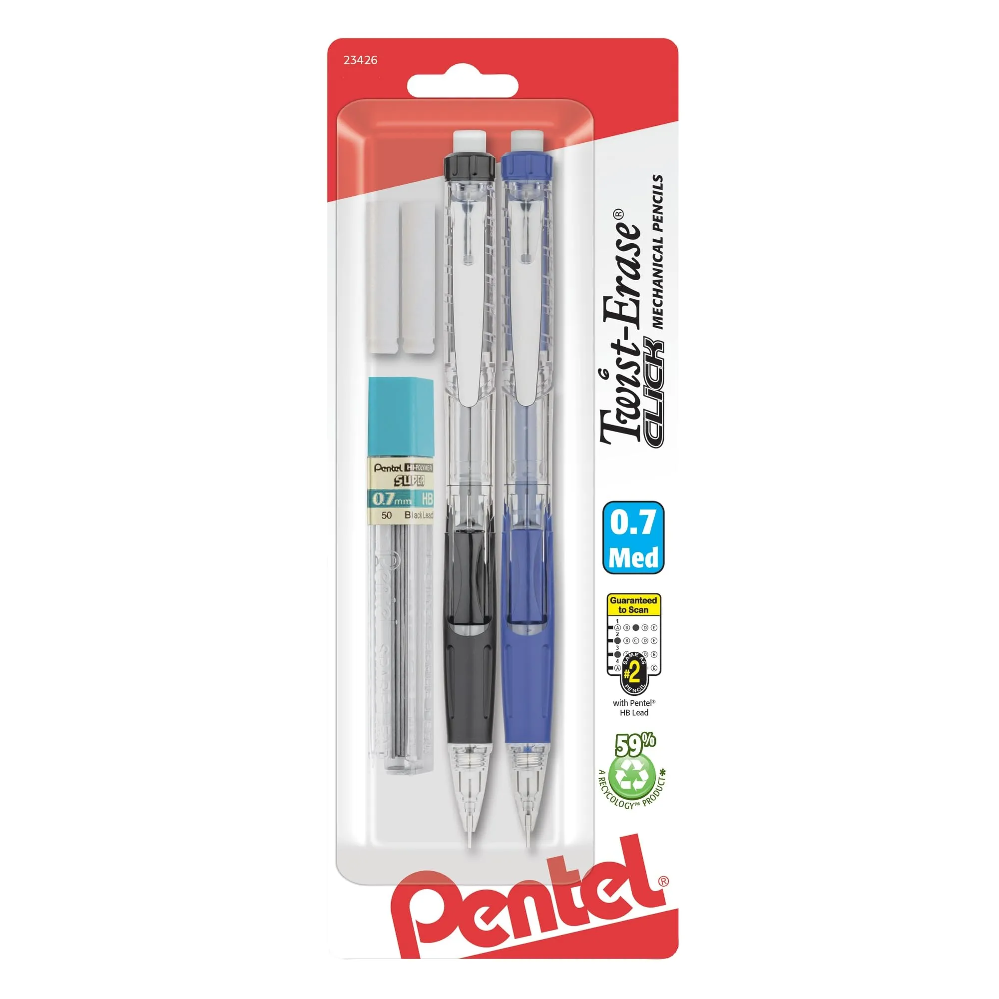 Pentel® Twist-Erase® CLICK Mechanical Pencils, Fine Point, 0.5mm, HB Hardness, Assorted Barrels, Pack Of 2