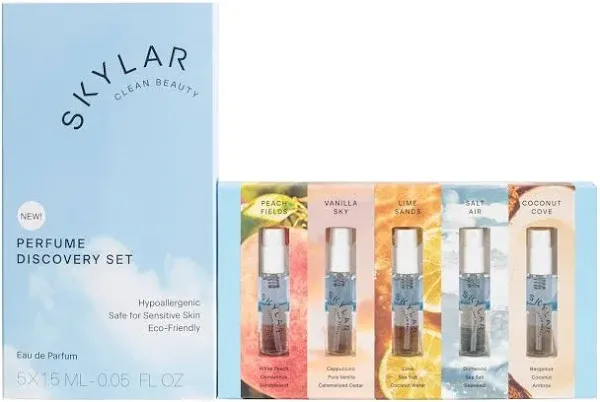 Skylar Perfume Discovery spray Sampler Set - Peach Fields, Vanilla Sky, Lime Sands, Salt Air, Coconut Cove - Hypoallergenic & Clean Perfume for Women & Men - 5 1.5mL