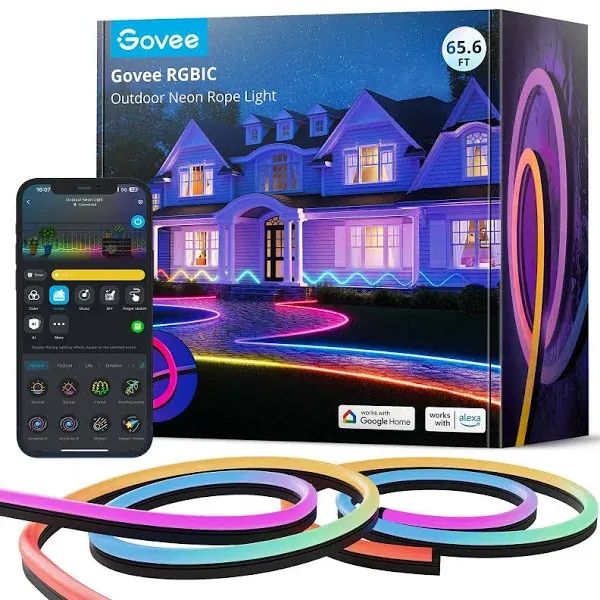 Govee Outdoor Neon Rope Lights, 65.6ft RGBIC IP67 Waterproof Halloween Decora...