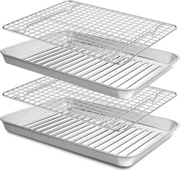 Quarter Sheet Pan with Wire Rack Set [2 Baking Sheets + 2 Cooling Racks], CEKEE Stainless Steel Cookie Sheets for Baking with Baking Rack, Nonstick