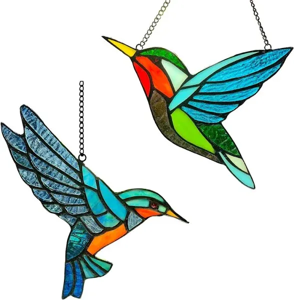 2 Pack Hummingbird Stained Glass Birds Window Hangings, Stained Glass Decorat...