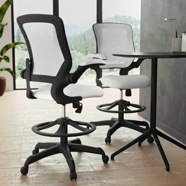 Flash Furniture Mid Back Mesh Ergonomic Drafting Chair with Adjustable Foot Ring and Flip-Up Arms