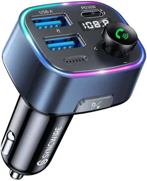 Syncwire Bluetooth 5.3 FM Transmitter Car Adapter 48W(PD 36W & 12W) [Light Switch] [Hi-Fi Deep Bass] [Fast Charging] Wireless Radio Music Adapter LED Display Hands-Free Calling Support USB Drive