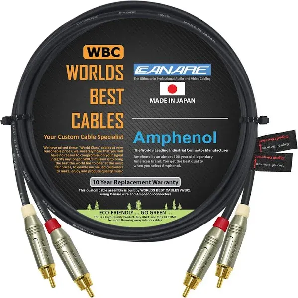 Worlds Best Cables Rca Cable Pair Made with Canare L-4e6s, Star Quad, Audio Interconnect Cable and Gold Rca Connectors