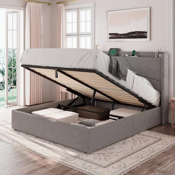 Queen Size Lift Up Bed Frame with Charging Station, Upholstered Bed Frame with Storage, No Box Spring Needed, Noise-Free, Hydraulic Storage, Easy Assembly, Light Grey