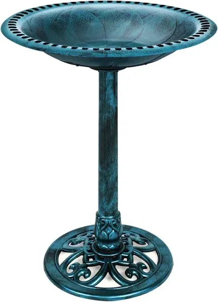 Best Choice Products 28in Pedestal Bird Bath, Vintage Outdoor Resin Accent Decoration w/Fleur-de-Lis Accents - Peacock Blue