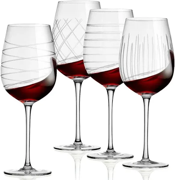 Cordial Glasses Set of 4-16oz. Clear Etched Red and White Unique Long Stem Wi...