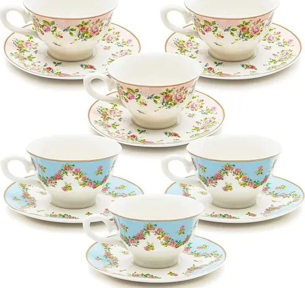 Sparkle and Bash Set of 6 Vintage Floral Tea Cups and Saucers for Tea Party Supplies