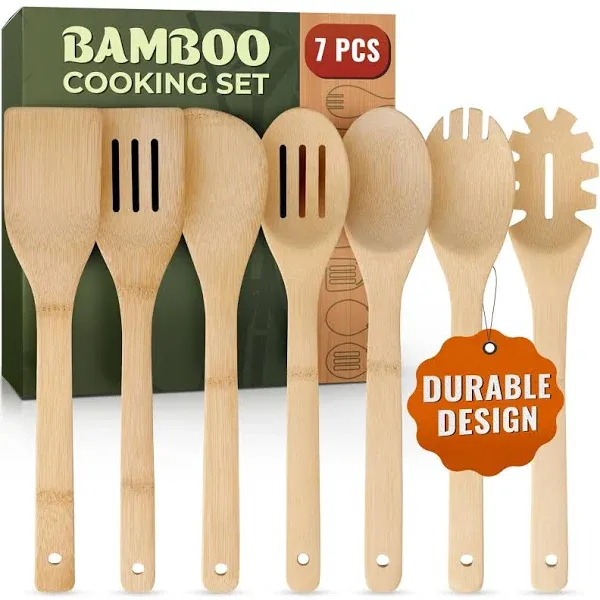 7 PCs Wooden Cooking Utensils set, Wooden Spoons for Cooking – Easy to Clean ...