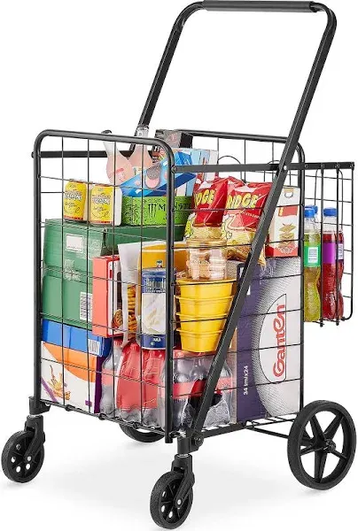 Jumbo Folding Grocery Cart with Double Baskets 360 Degree Swivel Wheels Heavy