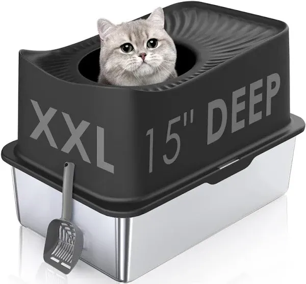 JOISTOON Top Entry Cat Litter Box with Lid Stainless Steel Extra Large Enclosed Cat Litter