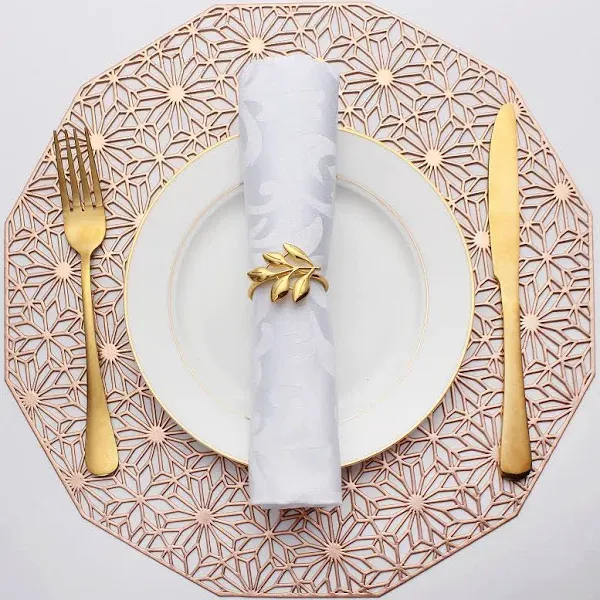 Evevda Gold Round Placemats for Dining Table Set of 6 Metallic Pressed Vinyl Circle Table Mats Wipeable Hollowout Place Mats for Table Decor Holiday Wedding Accent Centerpiece(Line, Gold)