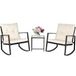 Suncrown Outdoor 3-Piece Rocking Bistro Set: Black Wicker Furniture-Two Chairs with Glass Coffee Table