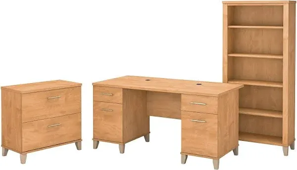 Somerset 60W Office Desk with File Cabinet & Bookcase in White - Engineered Wood