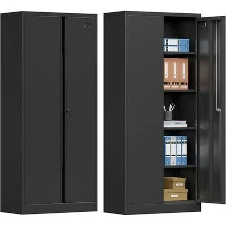 71 Inch Metal Storage Cabinet, Black Garage Tool Steel Locking Cabinet with 4 Adjustable Shelves, Tall File Cabinet for Home Office, Warehouse, Classroom, Pantry (71''H)