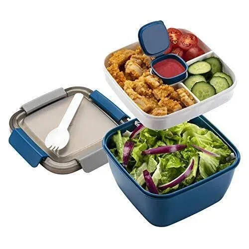 Salad Lunch Container To Go, 52-oz Salad Bowls with 3 Compartments, Salad Dre...