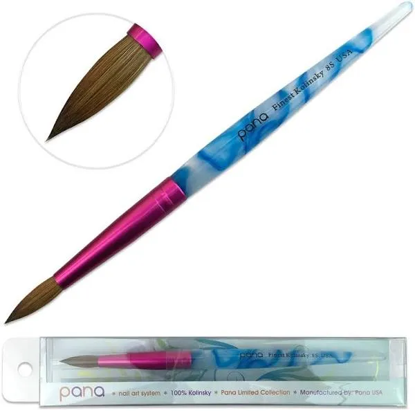 PANA USA Acrylic Nail Brush Pure Kolinsky Hair Acrylic White Swirl Blue Handle with Pink Ferrule Round Shaped - Size 20