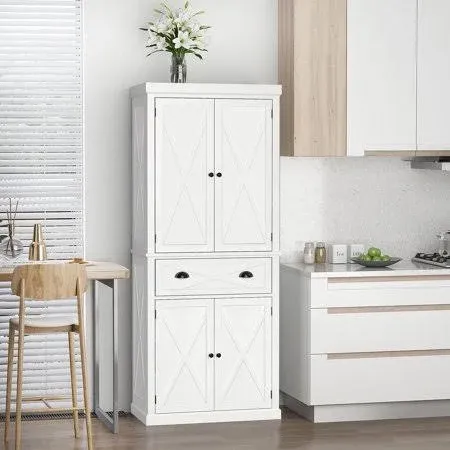 HOMCOM Freestanding Modern Farmhouse 4 Door Kitchen Pantry White