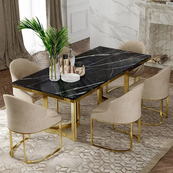 POVISON Modern Marble Dining Table with White Rectangular Tabletop Gold Stainless Legs