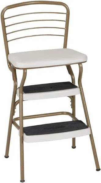 Stylaire Retro Chair + Step Stool with Flip-Up Seat , Gold &amp; Cream