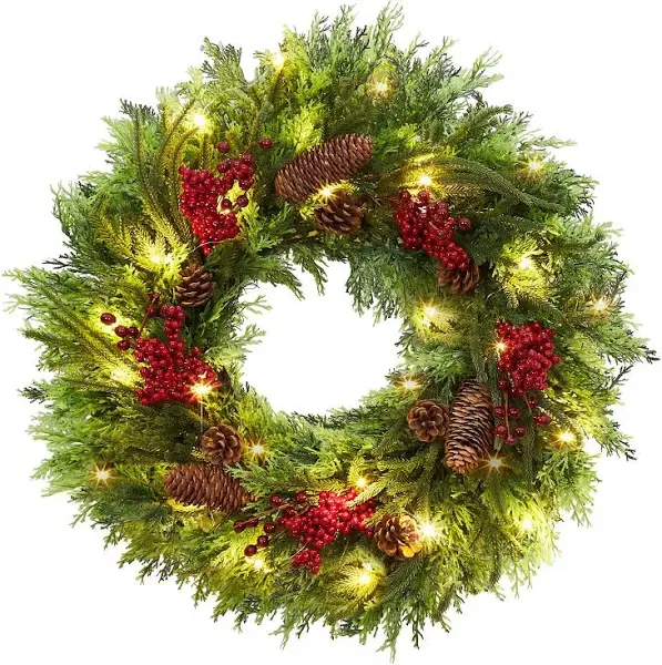 GarveeHome 22 Inch Christmas Wreath for Front Door, Artificial Christmas Wreath with Pine Cone and Berries