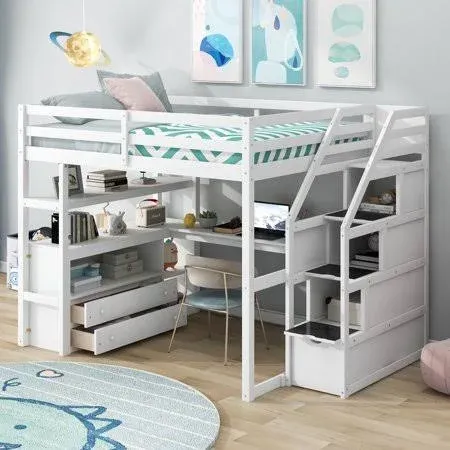 Size Loft Bed with Desk and Shelves