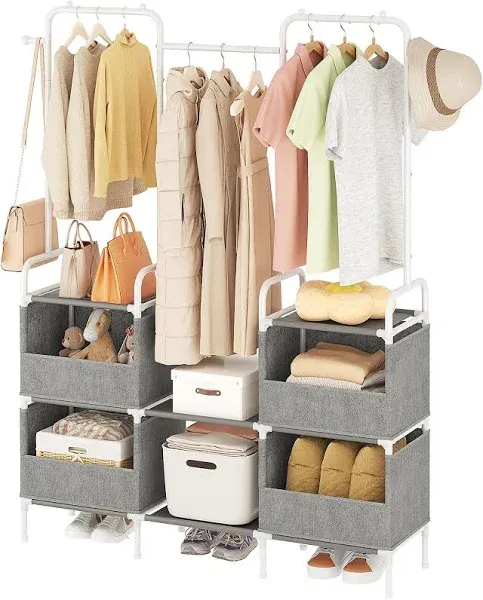 Laiensia Clothes Rack,3 Rods Portable Clothing Hanging Garment Rack,Coat and Shoe Rack with 4 Storage Shelves and 4 Storage Pockets,for Bedroom,Entryway,Living Room,Grey&White