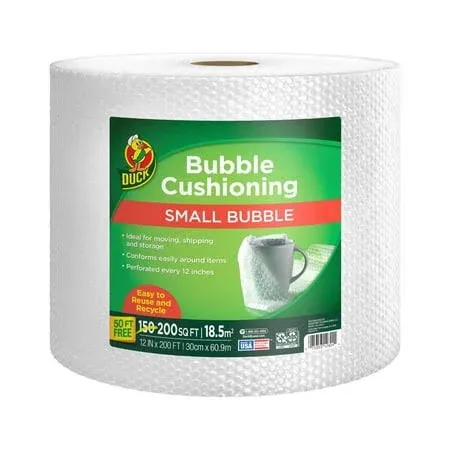 Duck 90% Recycled Content Small Bubble Cushioning Wrap, Clear, 12 in x 200 ft